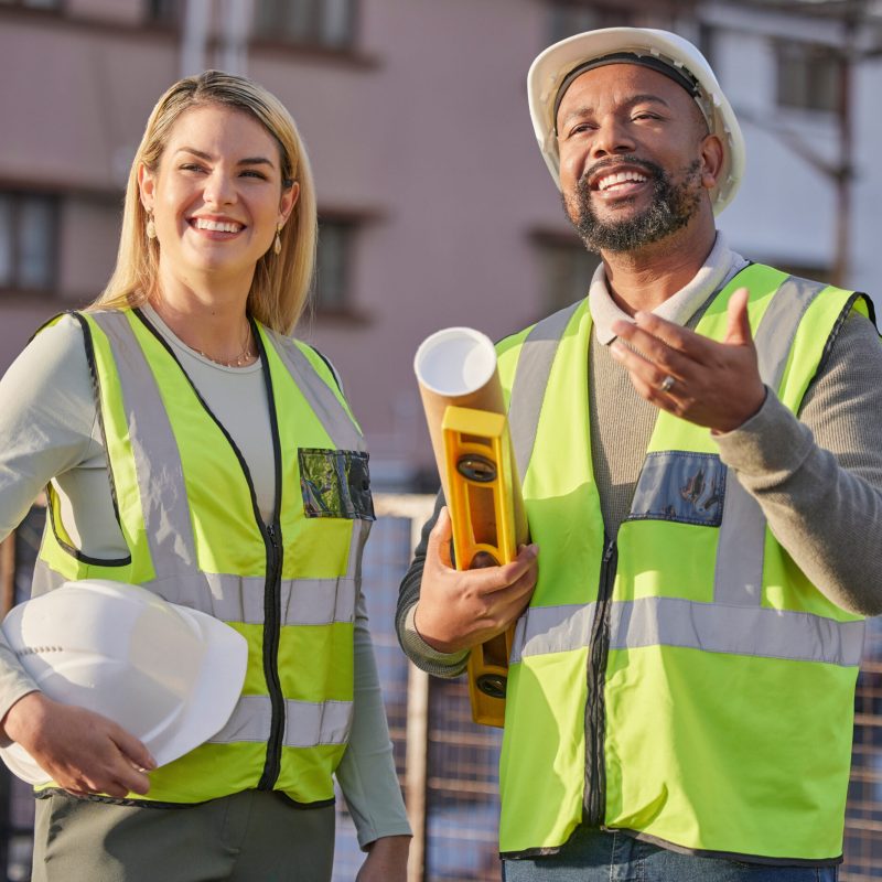 Engineer, employees and discussion for new project, building and happiness for real estate. Archite.